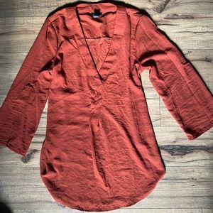 Rust Orange V-Neck Long Blouse